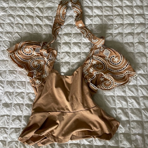 Tan Peplum Wrap Blouse with Cap Sleeves - Picture 8 of 9